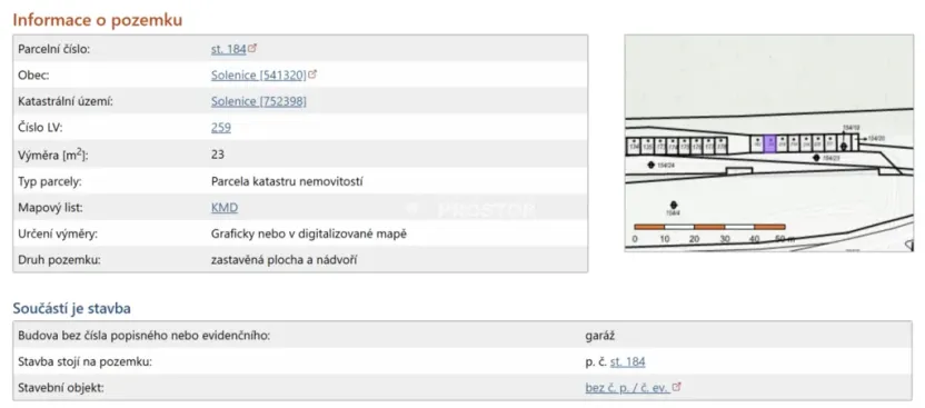 Prodej garáže, Solenice, 23 m2