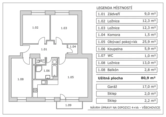 Prodej bytu 3+1, Všechovice, 81 m2