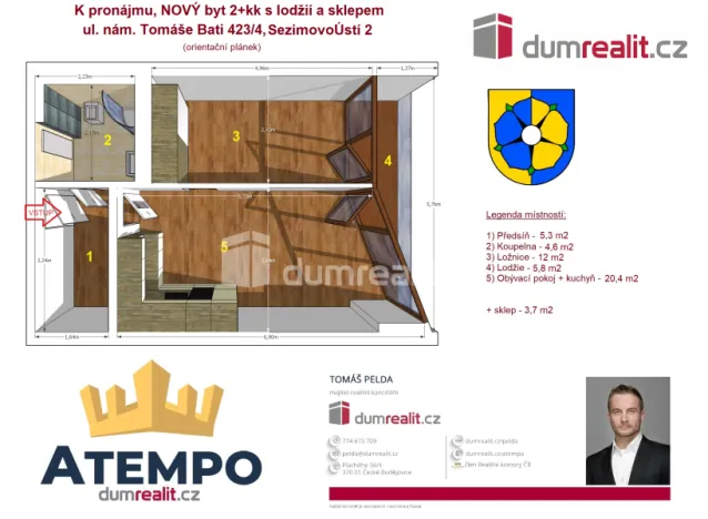 Pronájem bytu 2+kk, Sezimovo Ústí, náměstí Tomáše Bati, 52 m2