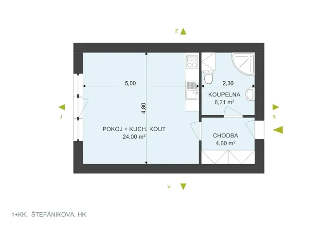Pronájem bytu 1+kk, Hradec Králové, Štefánikova, 36 m2