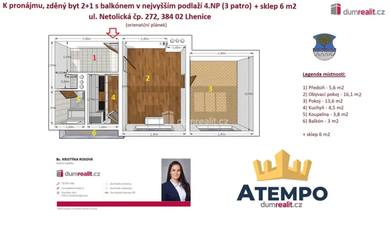 Pronájem bytu 2+1, Lhenice, Netolická, 52 m2