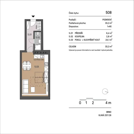 Pronájem bytu 1+kk, Brno, Vlhká, 34 m2
