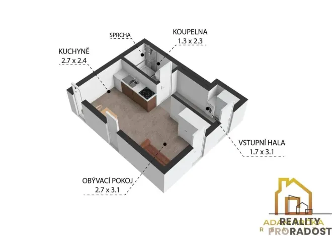 Pronájem bytu 1+kk, Brno - Obřany, Hradiska, 25 m2