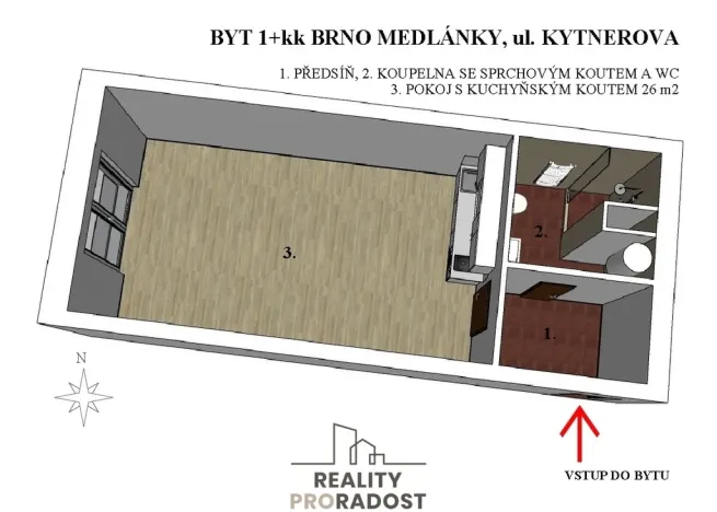Pronájem bytu 1+kk, Brno, Kytnerova, 34 m2