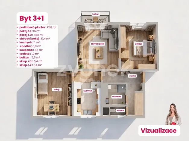 Prodej bytu 3+1, Napajedla, Komenského, 73 m2