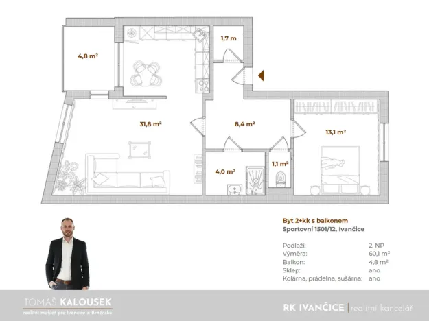 Pronájem bytu 2+kk, Ivančice, Sportovní, 60 m2