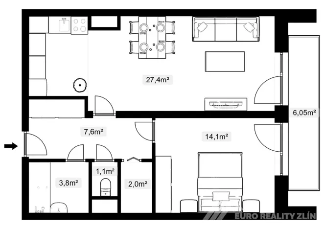 Pronájem bytu 2+kk, Zlín, Na Honech I, 62 m2