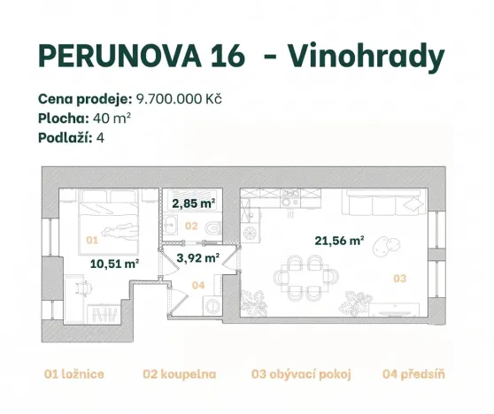 Prodej bytu 2+kk, Praha - Vinohrady, Perunova, 40 m2
