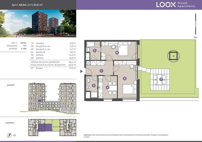Pronájem bytu 2+1, Praha - Prosek, Litoměřická, 58 m2