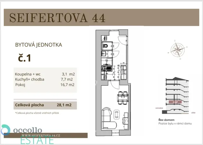 Pronájem bytu 1+kk, Praha, Seifertova, 28 m2
