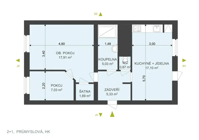 Pronájem bytu 2+1, Hradec Králové, Průmyslová, 55 m2