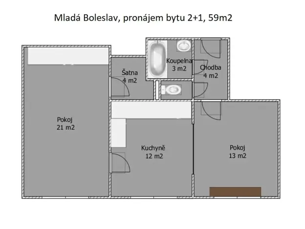 Pronájem bytu 2+1, Mladá Boleslav, Jiráskova, 59 m2