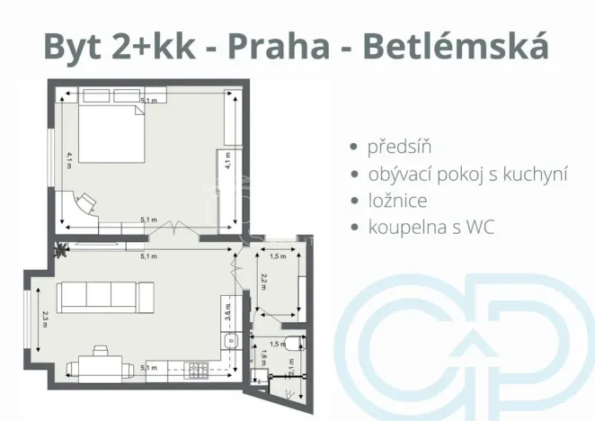 Pronájem bytu 2+kk, Praha - Staré Město, Betlémská, 48 m2