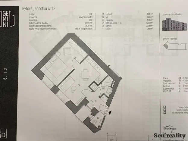 Pronájem bytu 2+kk, Kolín, Zengrova, 37 m2