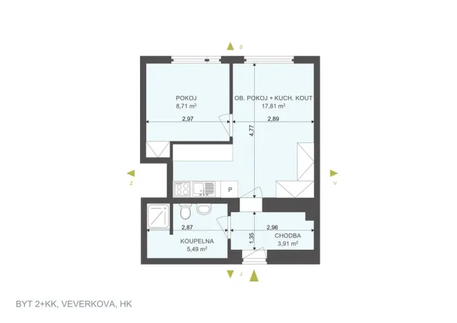 Pronájem bytu 2+kk, Hradec Králové, Veverkova, 36 m2