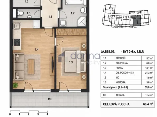 Pronájem bytu 2+kk, Praha, U Hostavického potoka, 56 m2