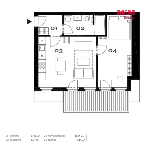 Prodej bytu 2+kk, Praha - Smíchov, Grafická, 43 m2