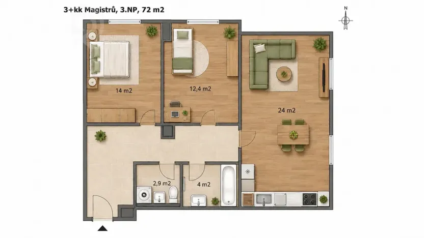 Pronájem bytu 3+kk, Praha - Michle, Magistrů, 73 m2