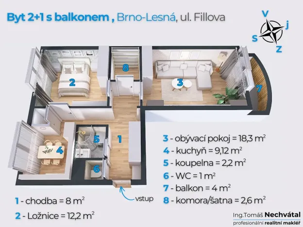 Prodej bytu 2+1, Brno - Lesná, Fillova, 55 m2