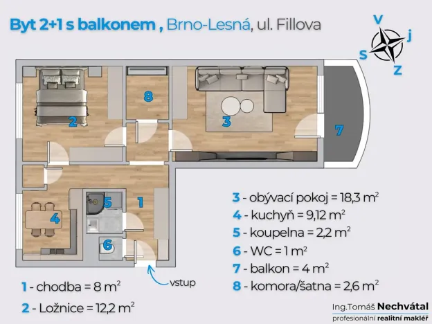 Prodej bytu 2+1, Brno - Lesná, Fillova, 55 m2