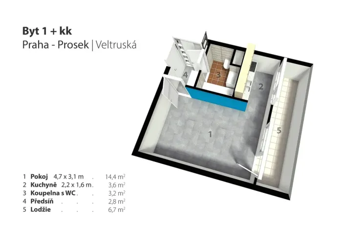 Prodej bytu 1+kk, Praha - Prosek, Veltruská, 33 m2
