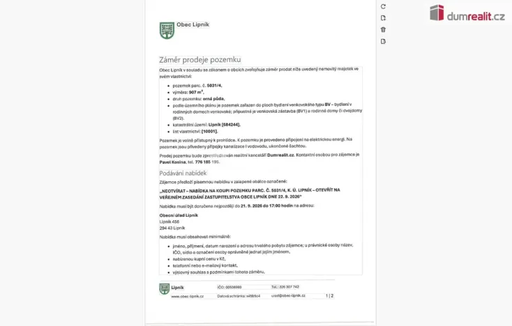 Prodej pozemku pro bydlení, Lipník, 907 m2