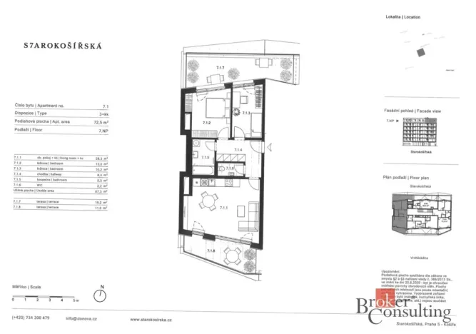 Pronájem bytu 3+kk, Praha - Košíře, Starokošířská, 72 m2