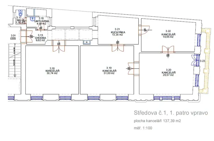 Pronájem kanceláře, Brno, Středova, 137 m2