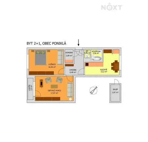 Pronájem bytu 2+1, Poniklá, 64 m2