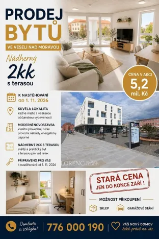 Prodej bytu 2+kk, Veselí nad Moravou, náměstí Míru, 45 m2