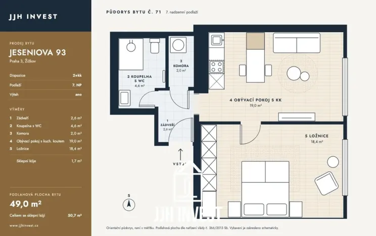 Prodej bytu 2+kk, Praha - Žižkov, Jeseniova, 49 m2