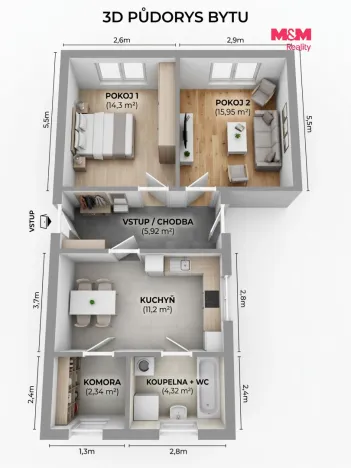 Pronájem bytu 2+1, Kostelec nad Orlicí, Tyršova, 54 m2