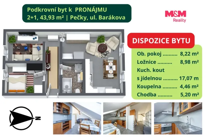 Pronájem bytu 2+1, Pečky, Barákova, 43 m2