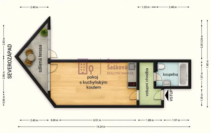 Pronájem bytu 1+kk, Jindřichův Hradec - Jindřichův Hradec II, Nádražní, 43 m2