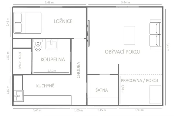 Pronájem bytu 2+kk, Chomutov, Holešická, 42 m2